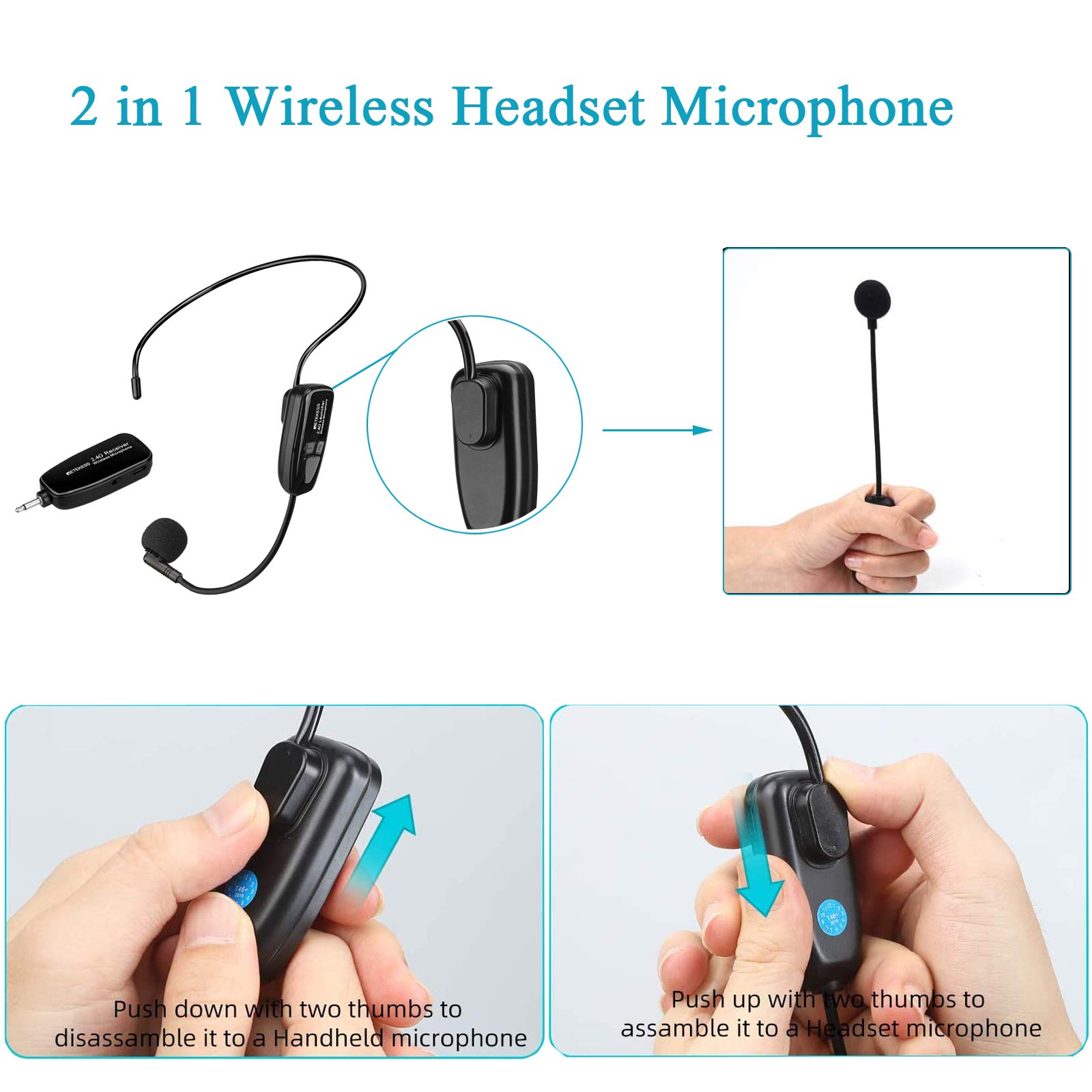 Retekess TT123 System Mikrofonu Bezprzewodowego,Mikrofon i Zestaw Słuchawkowy ze Wzmacniaczem, 2 w 1, Akumulator, 2,4G, Bezprzewodowy Zestaw Słuchawkowy z Mikrofonem, do Wzmacniacza głosu, Nauczanie