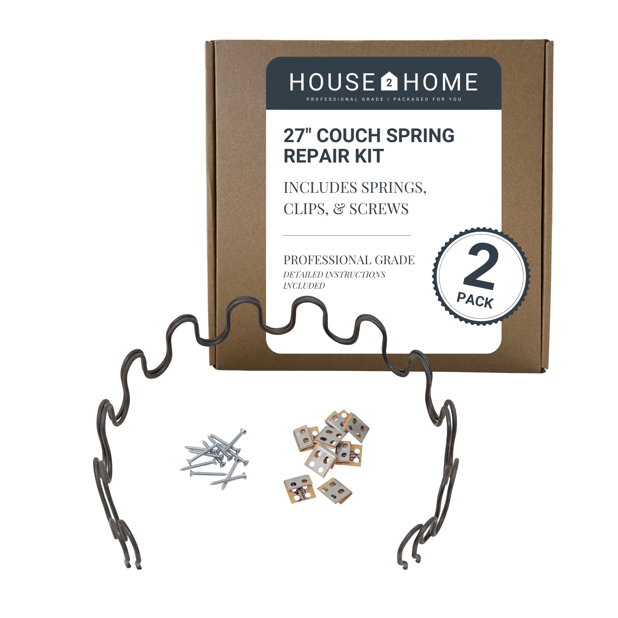 House2Home 27" Sofa Upholstery Spring Replacement, 2pk Repair Kit for Furniture Chair Couch, Includes Clips, Screws, and Instructions