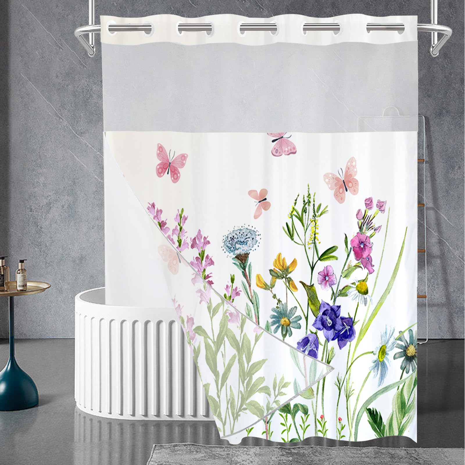 Litabel No Hook Pink Shower Curtain With Snap-in Fabric Liner Set For Bathroom