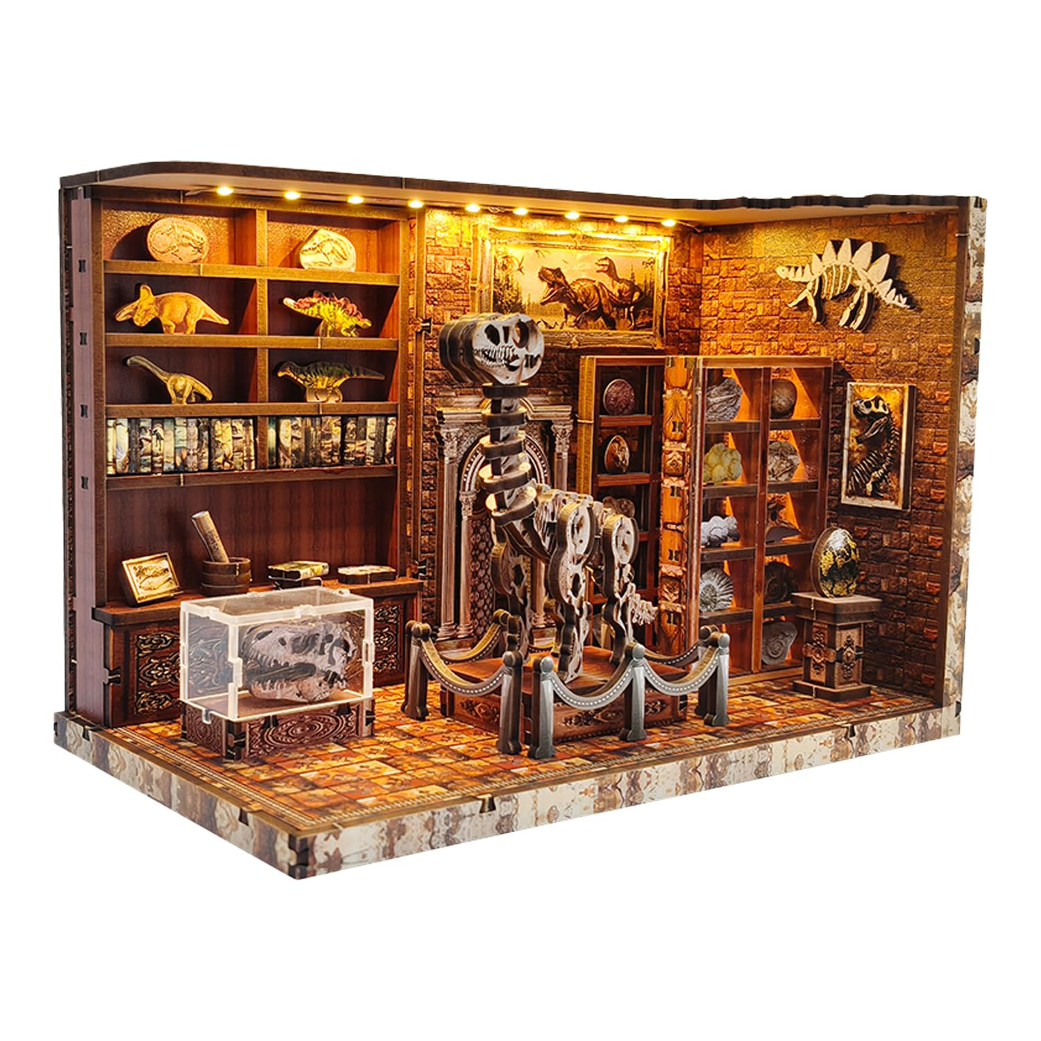 Dinosaur Book Nook Wooden 3D Puzzle Model Kits for Adults -LED Miniature Dinosaur Fossil Museum Book Nook Kit for Adults with LED Softer Light