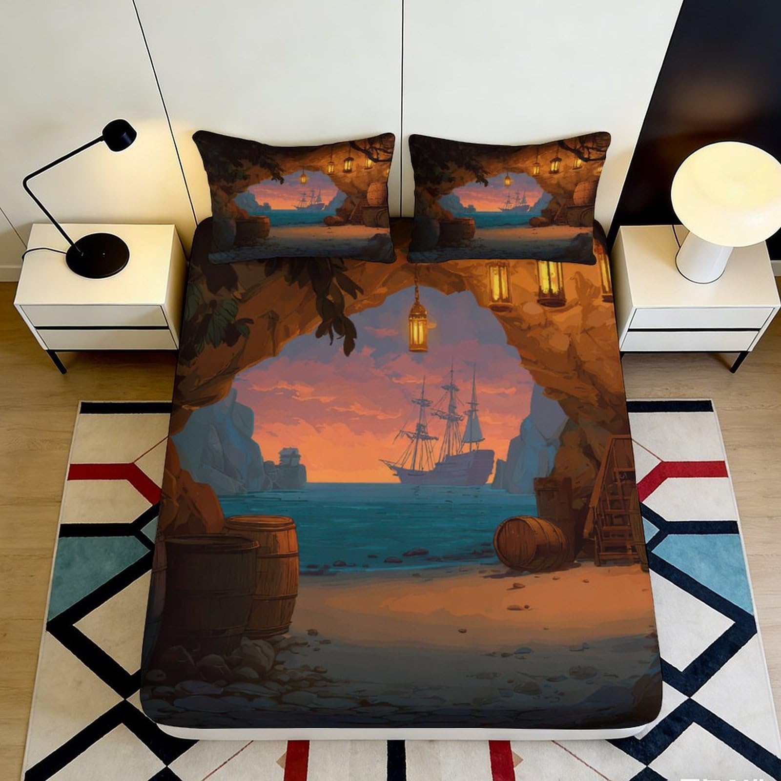 3D Printed Pirate Cave Fitted Sheet Microfiber Soft Breathable Sunset Ship Mattress Cover for Bedroom Decor 90x200x25cm