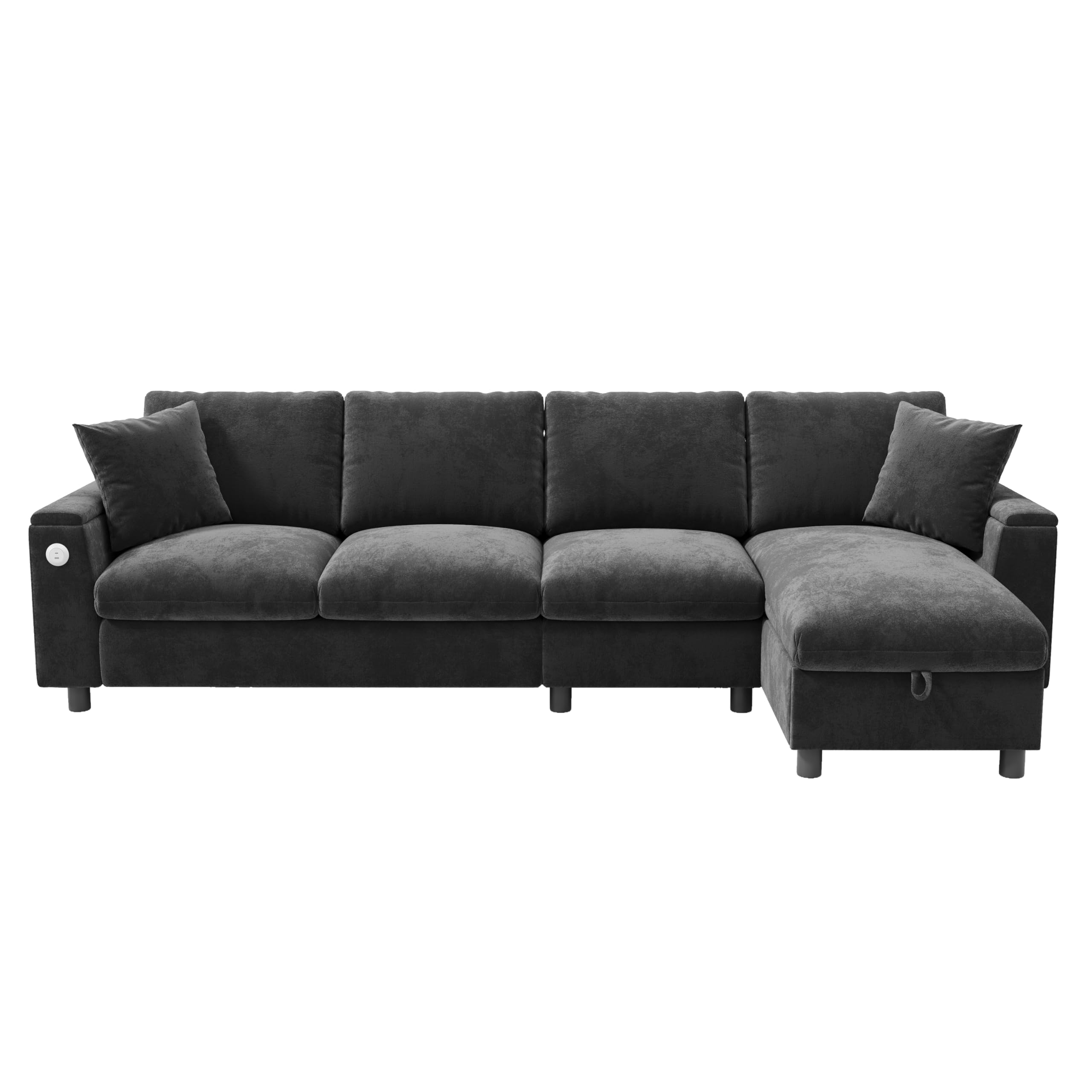 Sofa szenilowa, narożnik w kształcie litery L i dwa podłokietniki z miejscem do przechowywania. Rozkładany stolik kawowy z dwoma uchwytami na napoje, 1 USB i 1 część w kształcie litery C może być