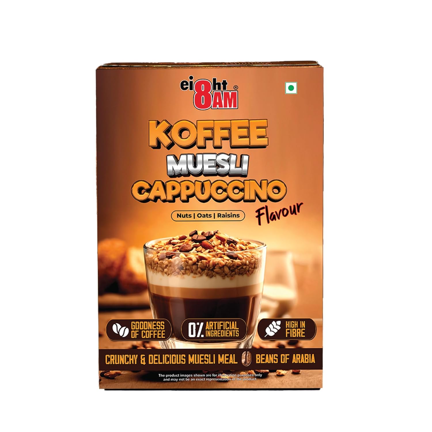 8AM Koffee Muesli Cappuccino 400g Box | Coffee, Oats, Black Raisins & Bran | 100% Arabica Beans | High-Fiber Breakfast Cereal – 74% Fruits, Nuts & Grains – Energize Your Mornings!