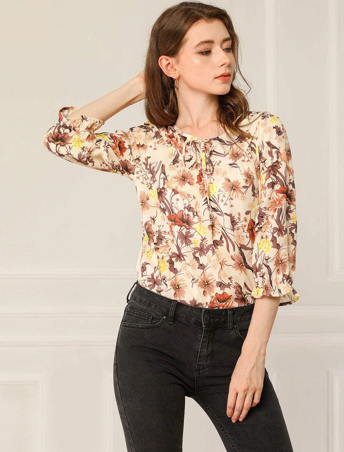 Allegra K Women's Bow Tops Vintage Tie Neck 3/4 Sleeve Floral Blouse - Image 2