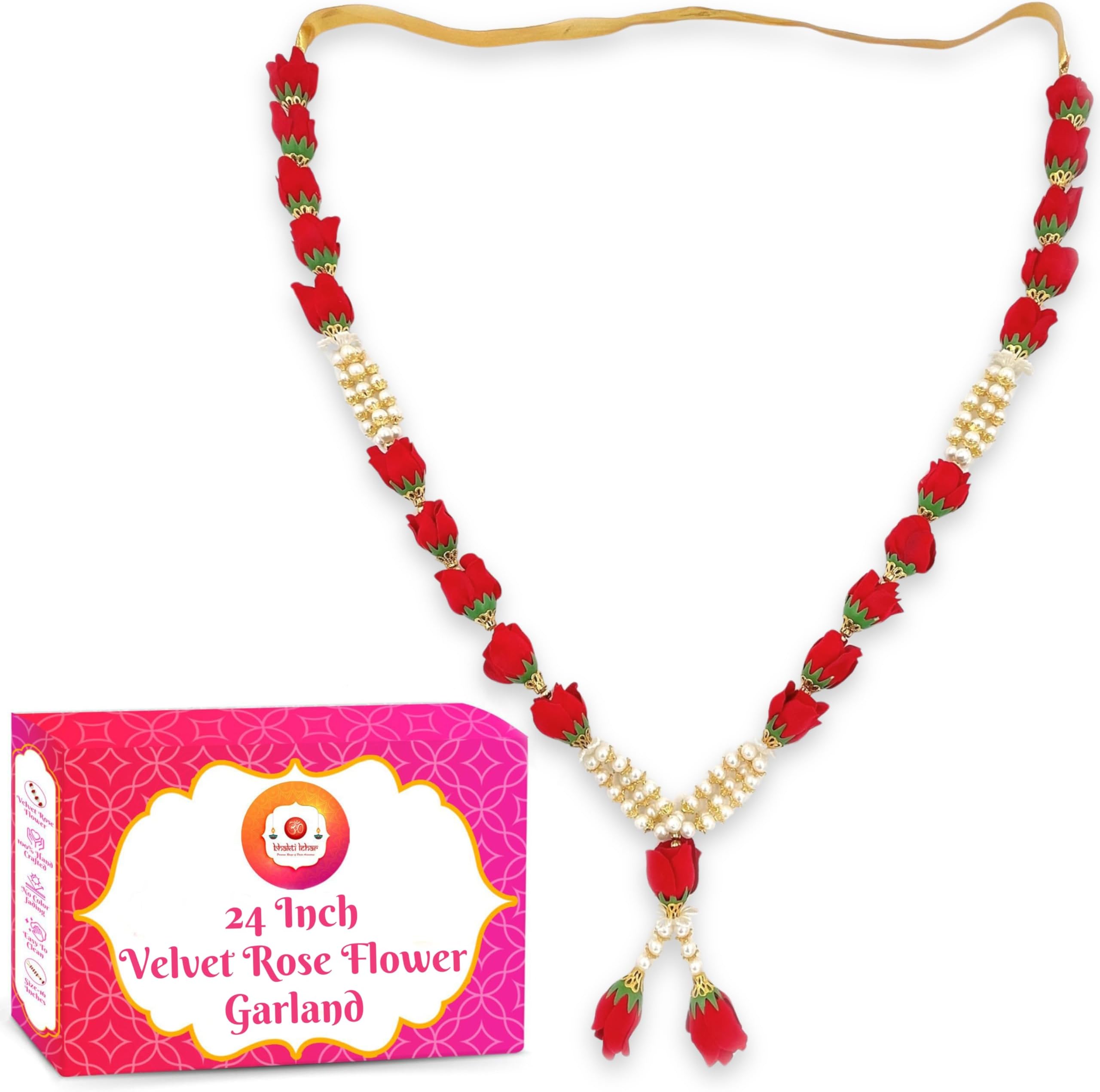 Bhakti Lehar (24 Inch) Artificial Velvet Rose Flower Garland for Photo Frame | Handmade Pearl Moti Beads Mala for God Idol Photo, Bhagwan Murti and Loved Ones