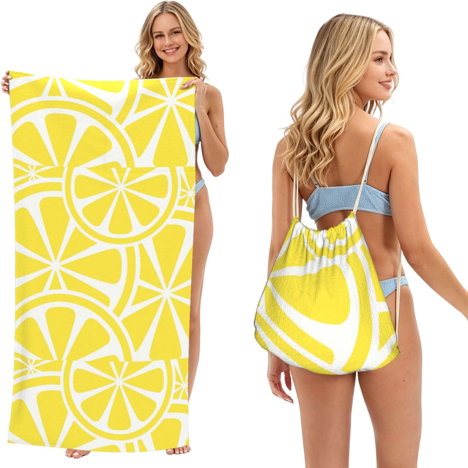 Poadnly Lemon Slice Yellow, 2 in 1 Packable Towel Bag, Beach Towels with Drawstring Backpack for Travel Holiday Camping