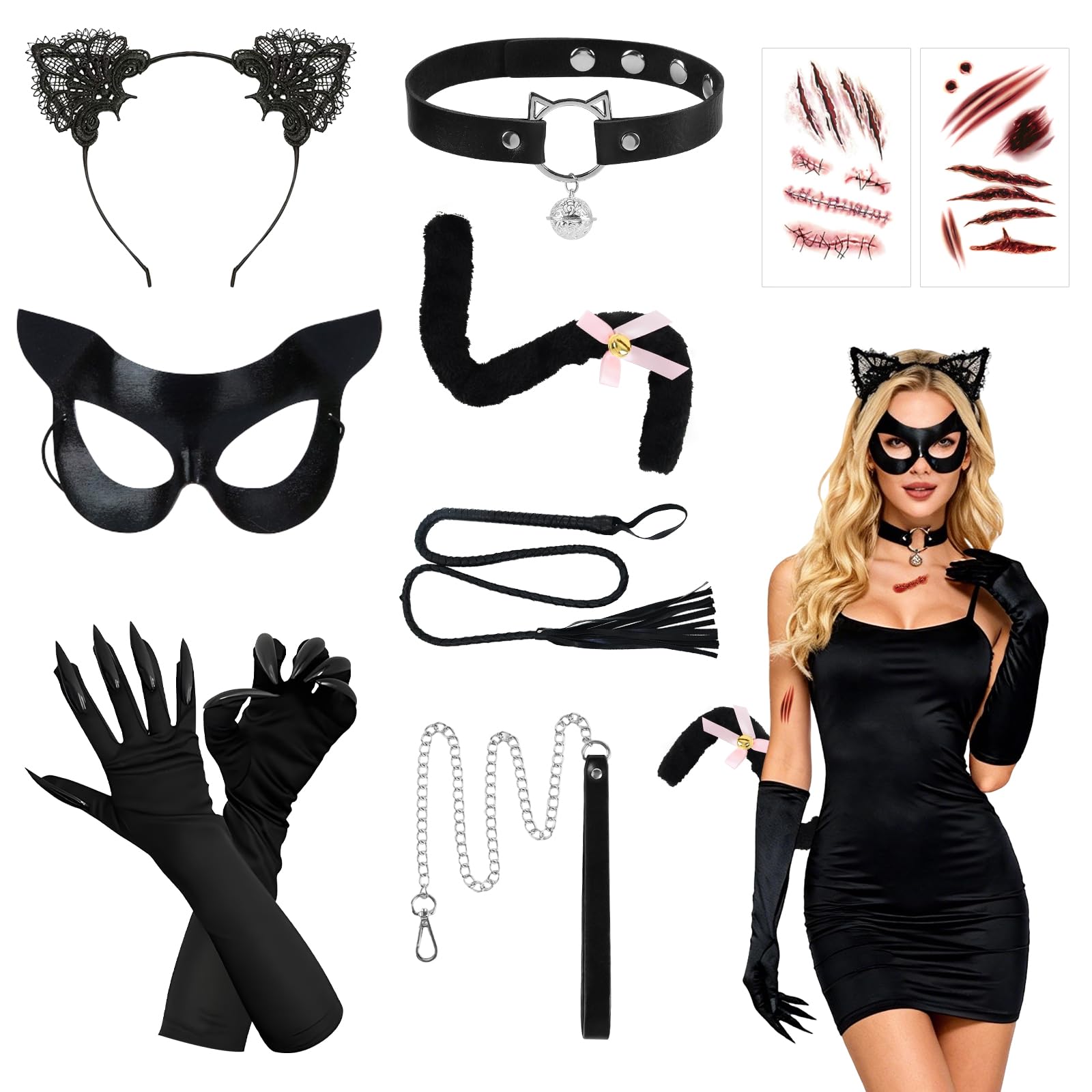 Disfraz de Gata para Mujer, 8 PCS Disfraz Gato Negro Niña, con Máscara, Collar, Guantes, Venda, Collar, Látigos, Pegatinas, para Halloween, Carnaval, Fiesta de Disfraces, Cosplay