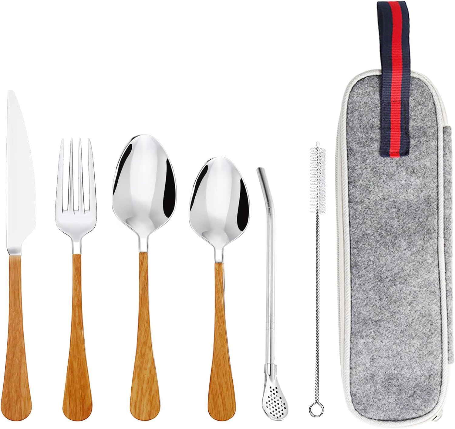 Daily Treasures 6Pcs Stainless Steel Portable Cutlery Set,Wooden Handle Camping Utensils with Storage Bag,Reusable Knife Fork Spoon Set Travel&Filter Spoon Straw,Portable Utensil for Ofiice Home