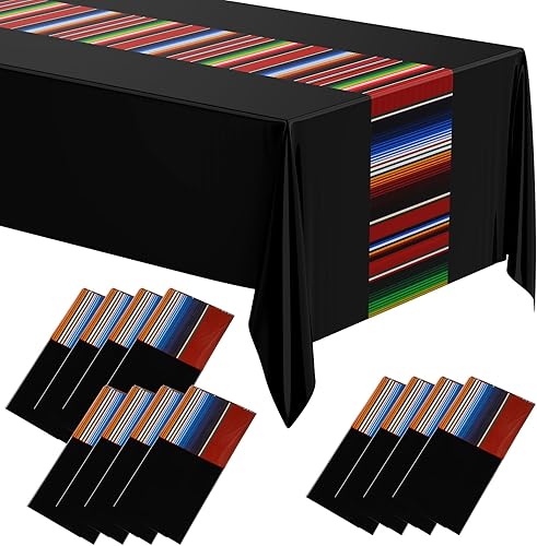 Miniatura 1 de Oudain Mantel de plástico de 12 piezas de 108 x 54 pulgadas, mantel impermeable a rayas mexicanas para noche de tacos, festivales, fiestas, bodas