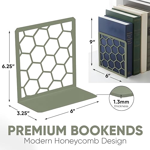 Miniatura 2 de GEOMOD Sujetalibros geométricos de metal salvia con forma de panal de abeja, extremos altos y resistentes para estantes, moderno y resistente