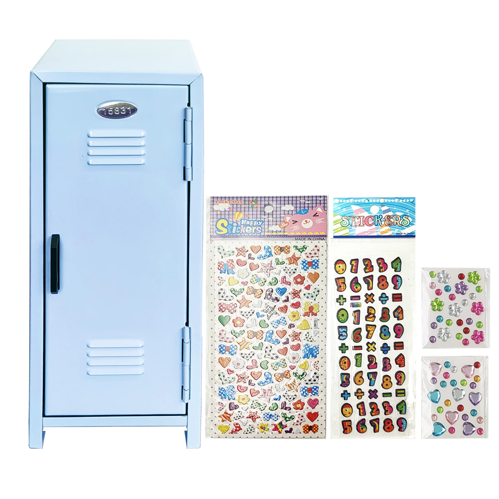 Mini Locker with Lock Key Stickers Box Metal Small Locker Mini Locker Miniature Storage Girls Lockbox Desktop Storage Organizer for Cash Money Jewelry Safe Dollhouse Furniture Accessories (Blue)