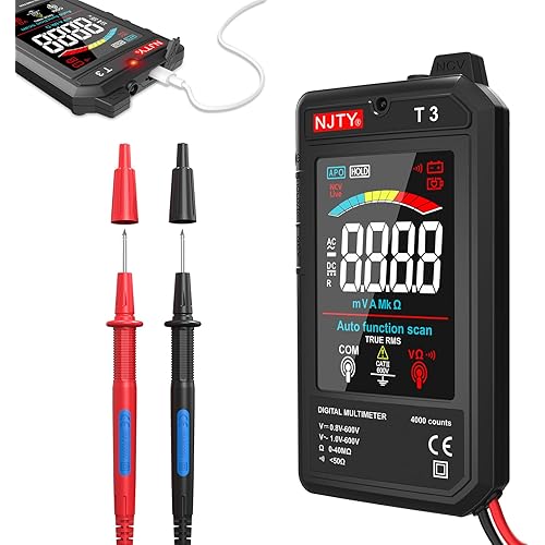 NJTY T3 Smart Digital Multimeter, Ultra-Thin Rechargeable Voltmeter with 3.2" Color LCD, Auto-Ranging 600V AC/DC Tester for Resistance NCV Live Wire Detection
