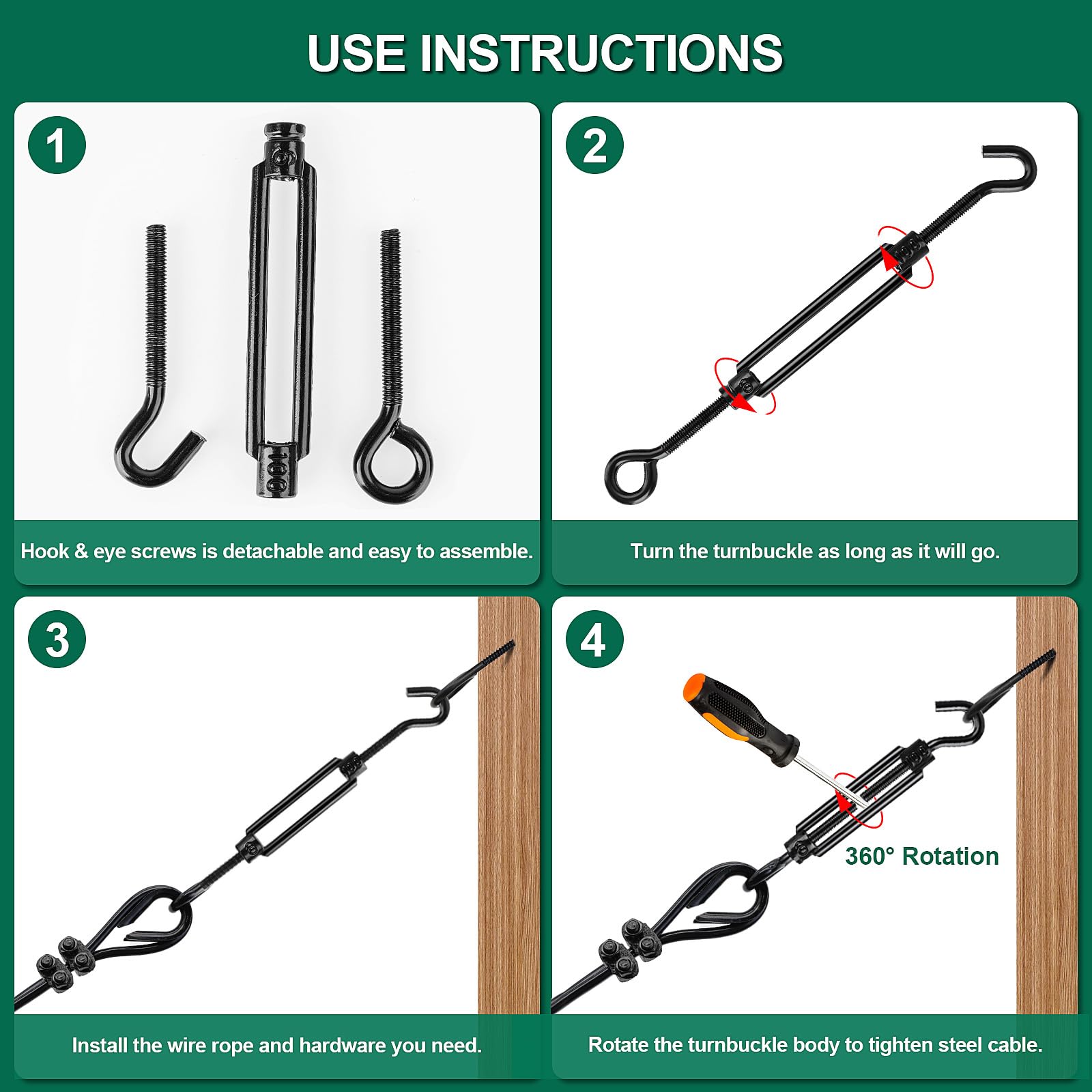 Hochwertiges schwarzes dekoratives Spannschloss mit Haken und Öse, 12PCS M6 Spannschlösser für Kabel, Drahtseilspanner für Schattensegel, Zaun, Zelt, Bild, hängende Hardware, Installation