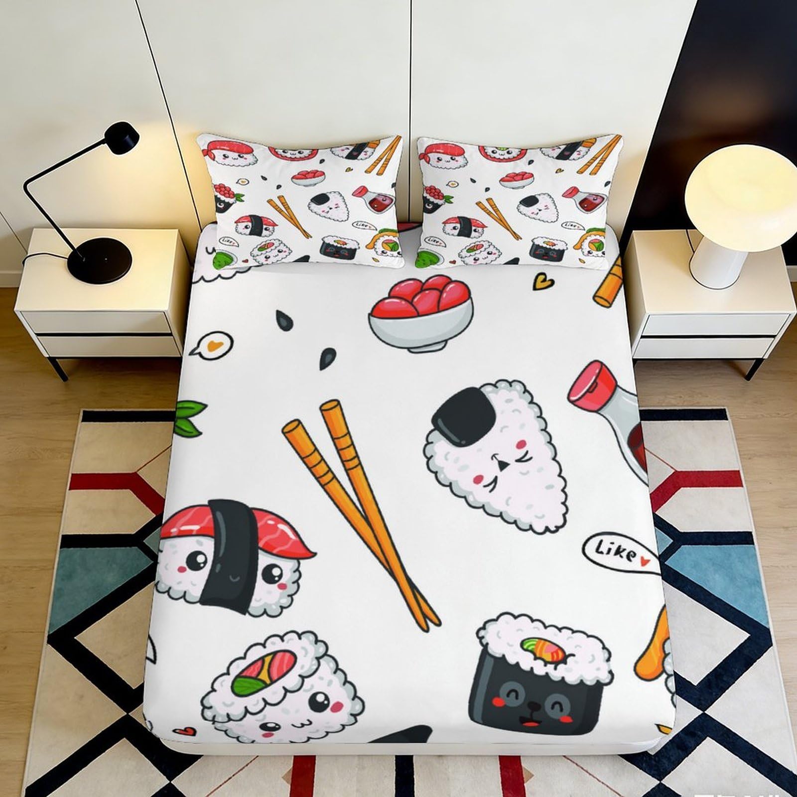 3D Printed Sushi Cartoon Fitted Sheet Microfiber Soft Washable Japanese Food Mattress Cover for Bedroom Dorm Decor 90x200x25cm