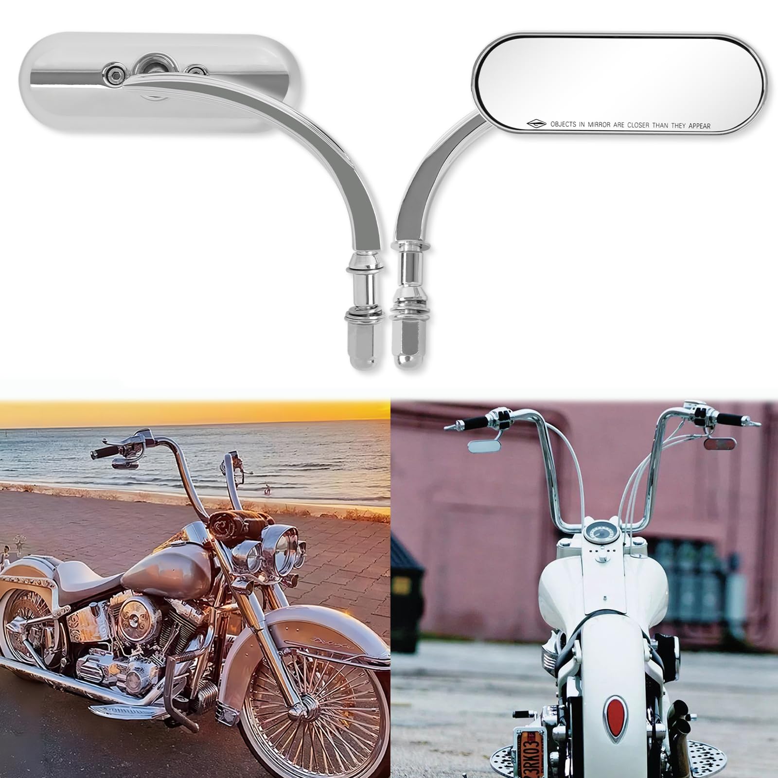 Espejos Retrovisores de Motocicleta de Forma Ovalada Cromo, M8 M10 Retrovisores Moto Compatible con Harley Road King Softail Glide Dyna Chopper Bobber Touring Cruiser Street Bike Yamaha
