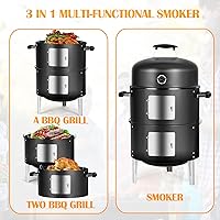 Vista 6 de Charcoal BBQ Grill, Heavy Duty 3-in-1 Barbecue Smoker Grill for Garden Camping Outdoor Cooking and Grilling