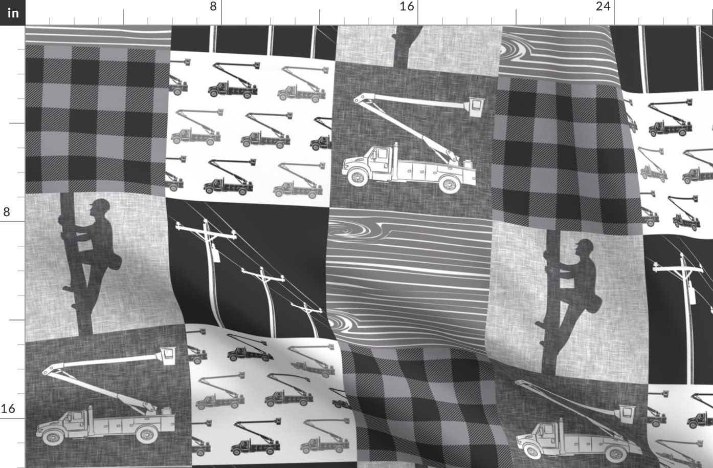 Spoonflower Fabric - Lineman Patchwork Quilt Top Wholecloth Cheater Bucket Trucks Buffalo Printed on Organic Cotton Sateen Fabric by The Yard - Sewing Quilting Apparel Home Decor