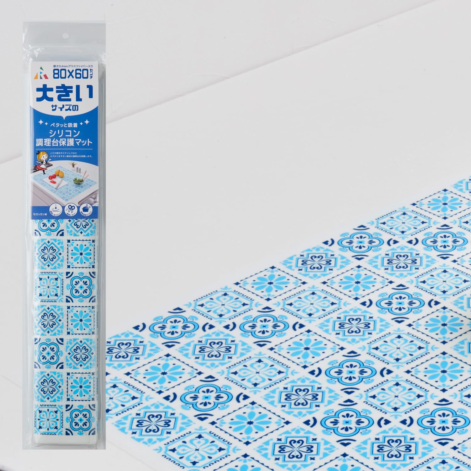 アール(R) ペタッと吸着シリコン調理台保護マット 予防掃除 モロッカン 60×80×0.04(cm) 薄型 耐熱温度210℃ カットできる 汚れ防止 SM-501