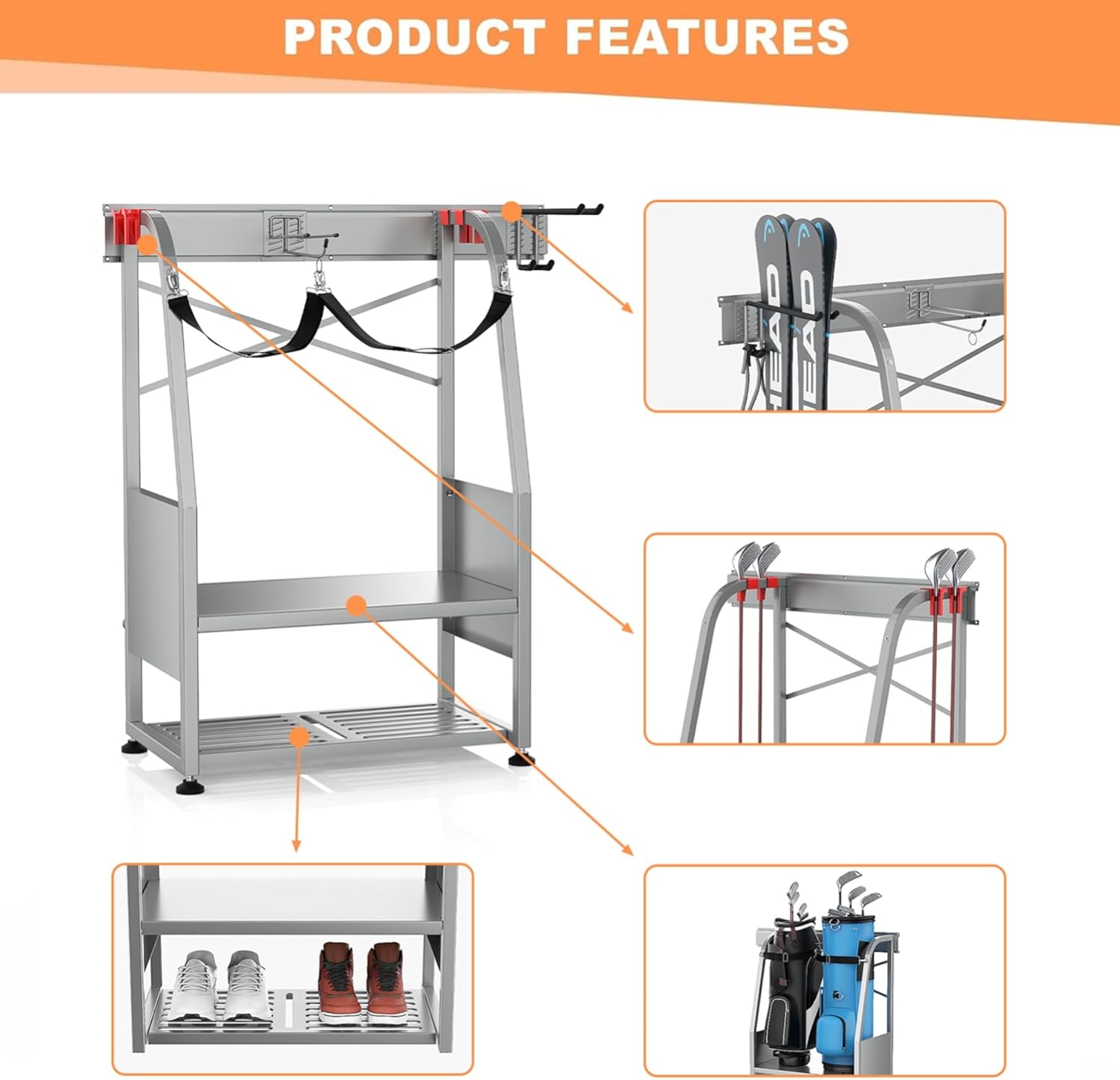 WALMANN Wall Mount Golf Bag Organizer, 2 Golf Bags Stand Golfing Equipment and Accessories Storage Rack for Garage Shed Basement