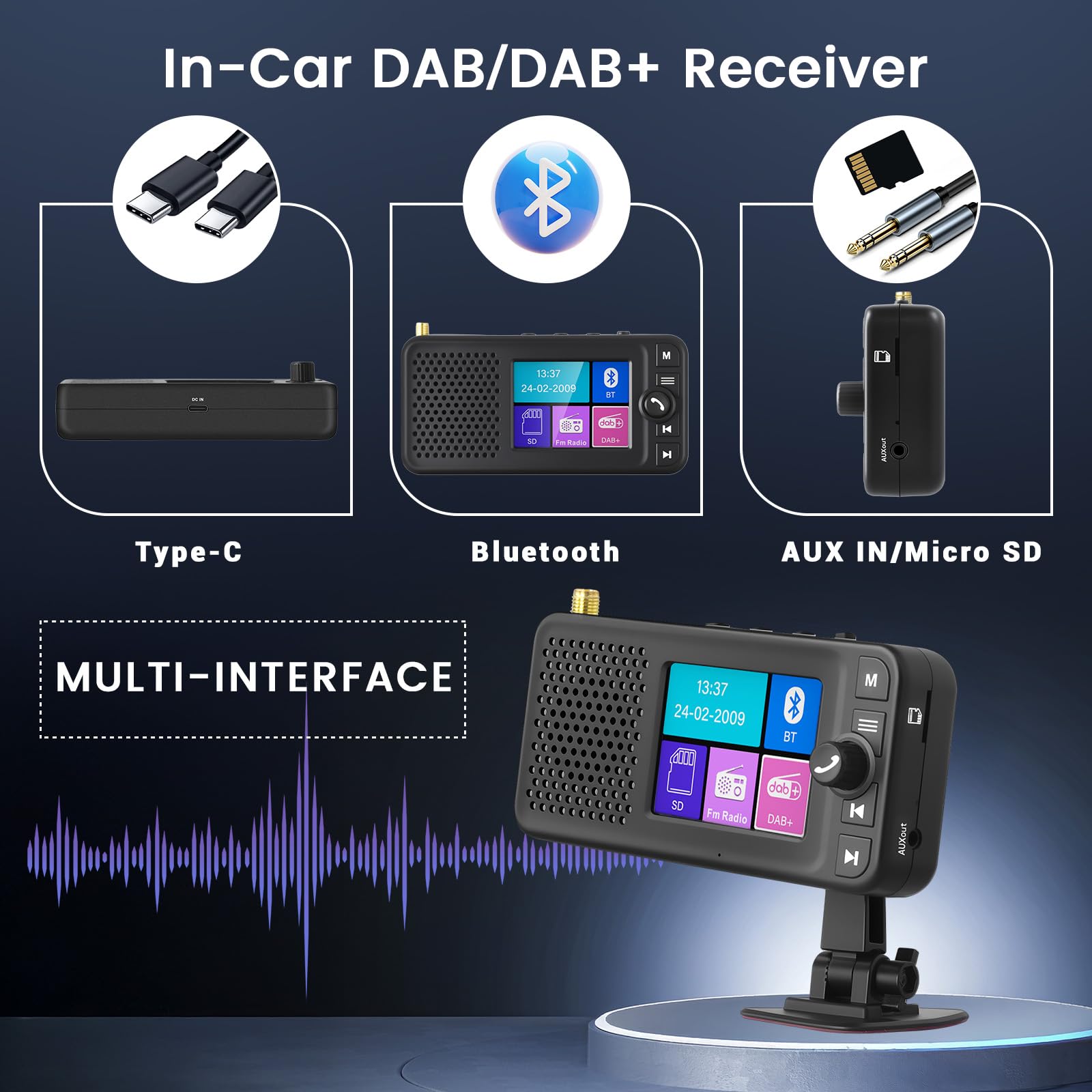 Hikity Adattatore DAB+ per Autoradio Bluetooth 2,4" LCD | Trasmettitore DAB/FM, Ingresso/Uscita Ausiliaria, Caricabatteria per Auto