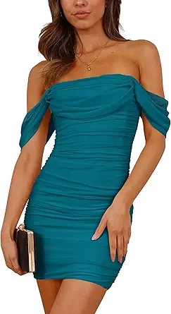 PRETTYGARDEN Cocktail Dresses 2025 Summer Off Shoulder Sexy Bodycon Ruched Mesh Graduation Wedding Guest Mini Short Dress