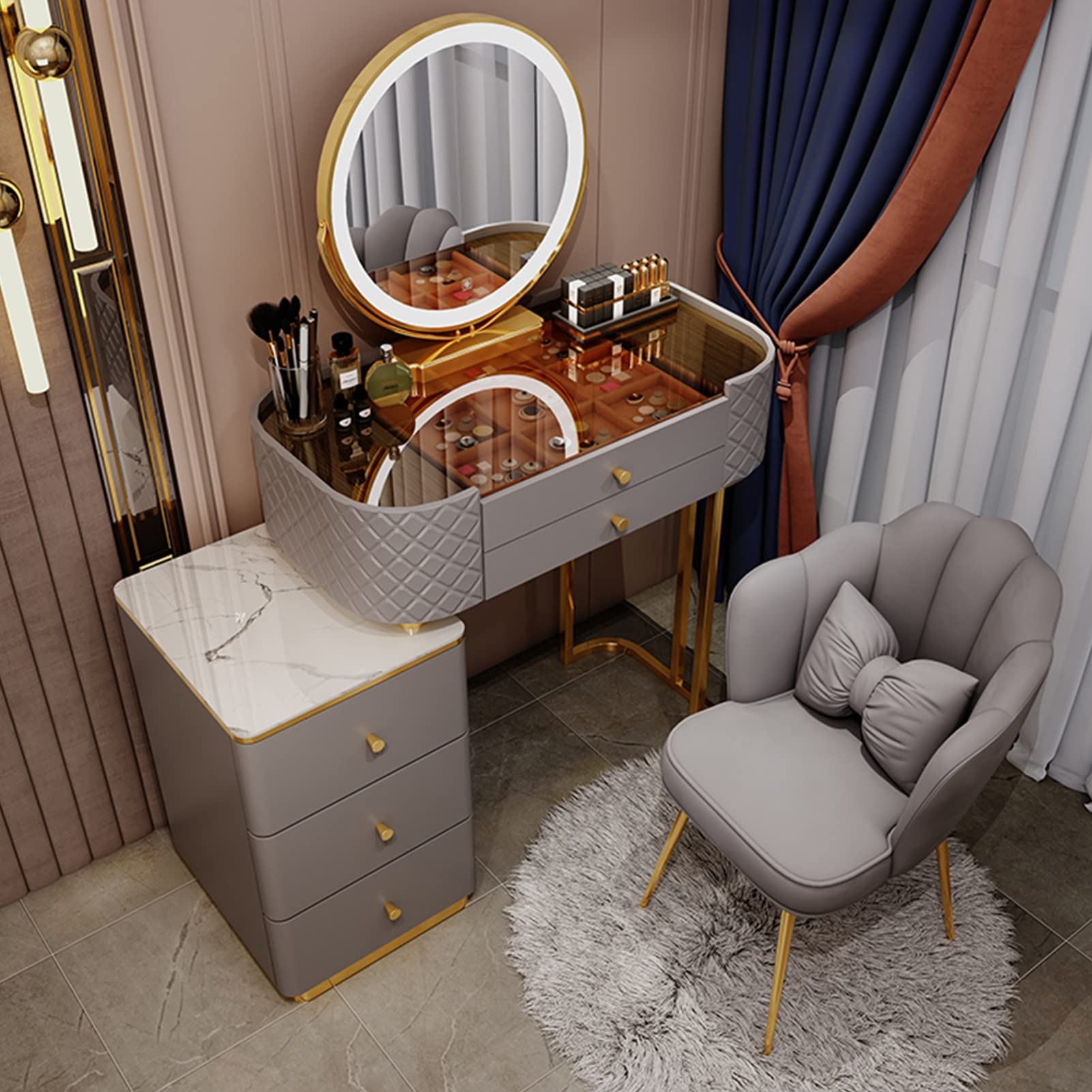 asdchZen Led Makeup Lighted Mirror Vanity Desk & Nightstand Mirror 31.4In Dressing Table Mirror For Women & Girls Bedroom Stylish Gray Design Perfect For Makeup & Skincare