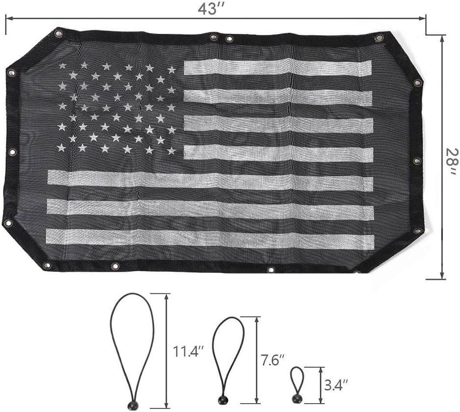 JeCar Mesh Sunshade 2 Door Durable Polyester Top Cover Provides UV Sun Protection for Jeep Wrangler JK & Unlimited 2007-2018 (Black and White American Flag)