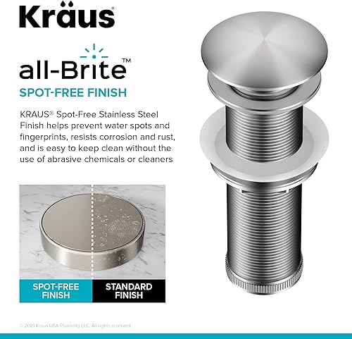 Miniatura 6 de KRAUS Desagüe emergente para lavabo de baño con rosca extendida para encimeras más gruesas y fregaderos de vidrio en acero inoxidable sin manchas,