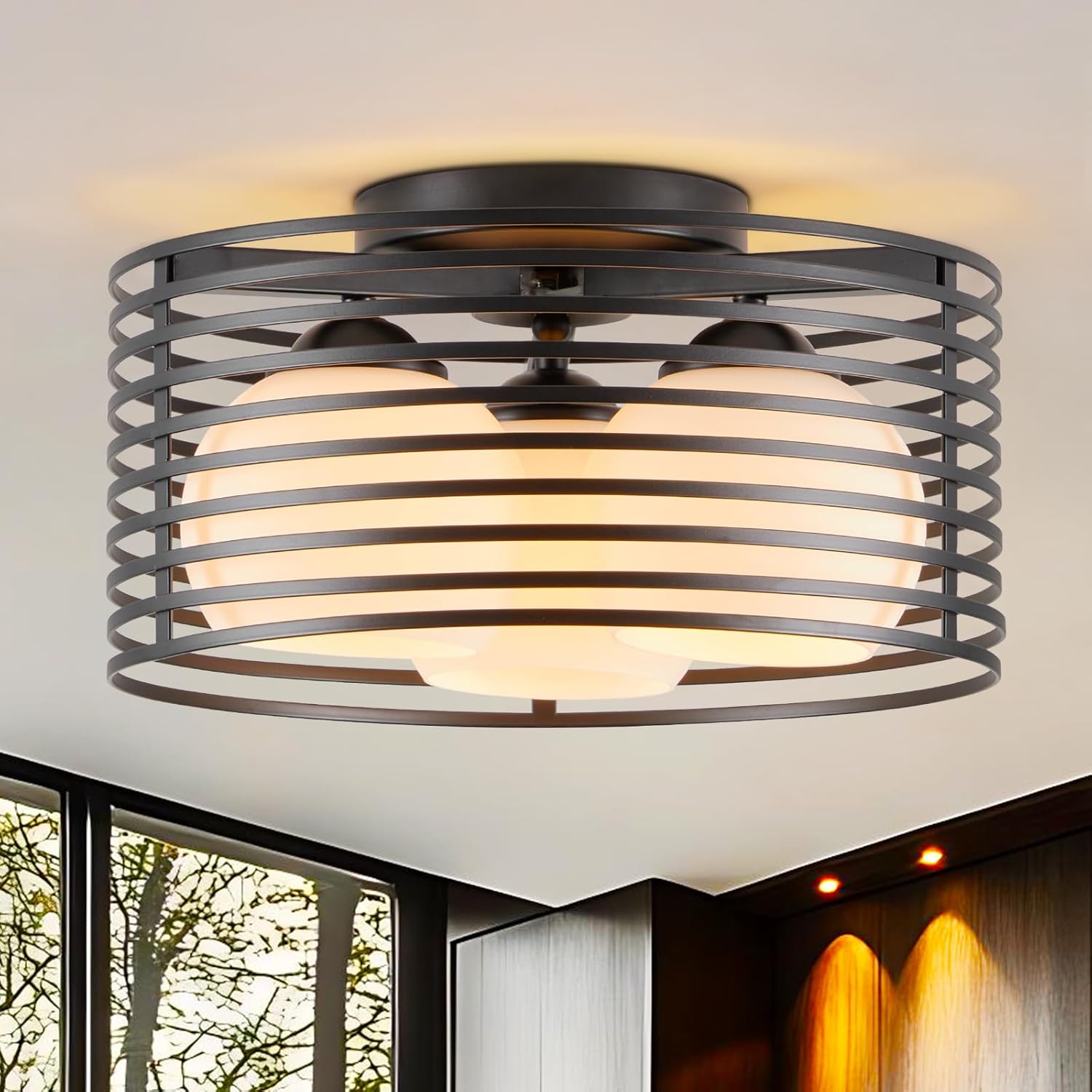 Modern Industrial Semi Flush Mount Ceiling Light, 3-Light Black Farmhouse Ceiling Light Fixture with Glass Shade, Hallway Lighting Fixture for Kitchen, Bedroom, Bathroom, Foyer, Laundry room 12.79in