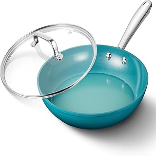 10 Inch Nonstick Frying Pan with Lid, Ceramic Skillet, Omelet Pan, Effortless Cleaning, Heat-resistant Handle, Cyan