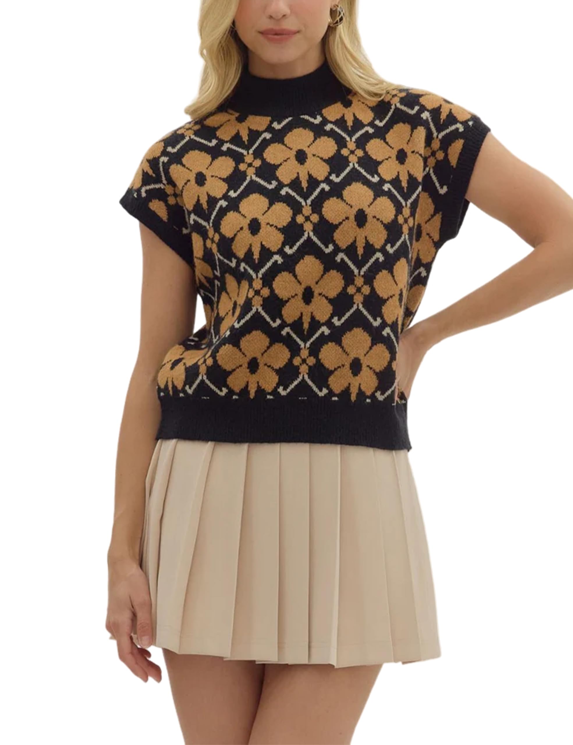 Womens Casual Floral Knit Top Mock Neck Cap Sleeve Pullover Sweater