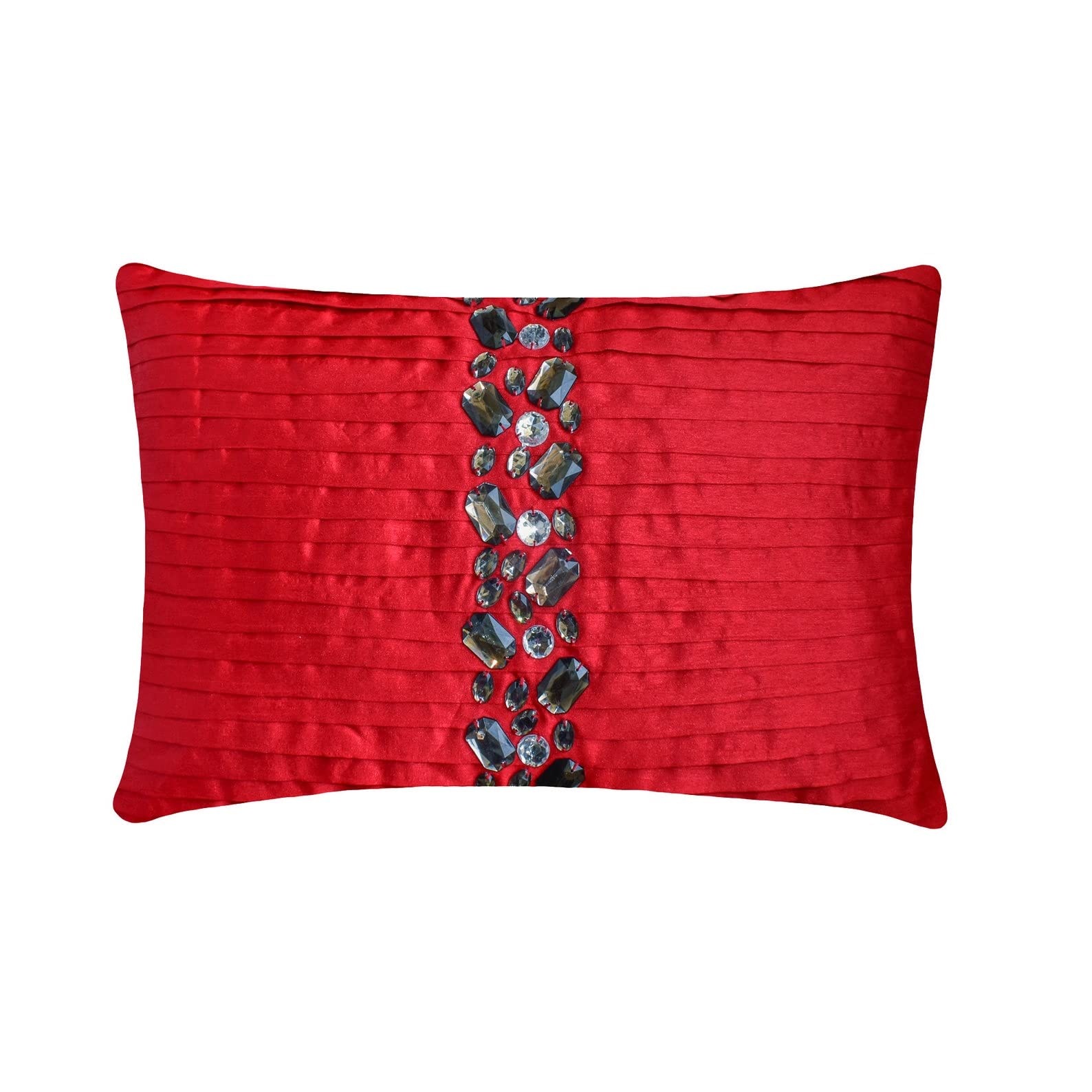 The HomeCentric Designer Red Pack of 2, 30x35 cm (12"x14") Lumbar Cushion Covers, Silk Pintucks & Crystal Lumbar Cushion Covers, Striped Pattern Modern Style - Crystal Dreams Red