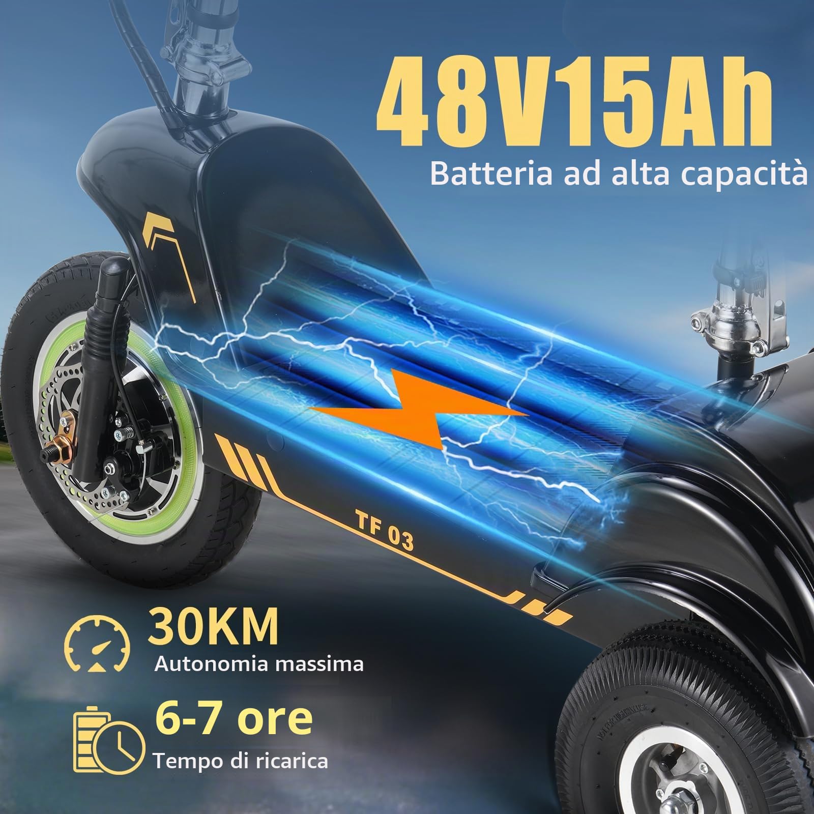 TWOFISH Triciclo Elettrico per Adulti, Batteria da 48V 15Ah, Pneumatici da 12 Pollici Autonomia 38 km Massima 25 km/h, Carico 100 kg, TF-03 (Nero e Giallo)