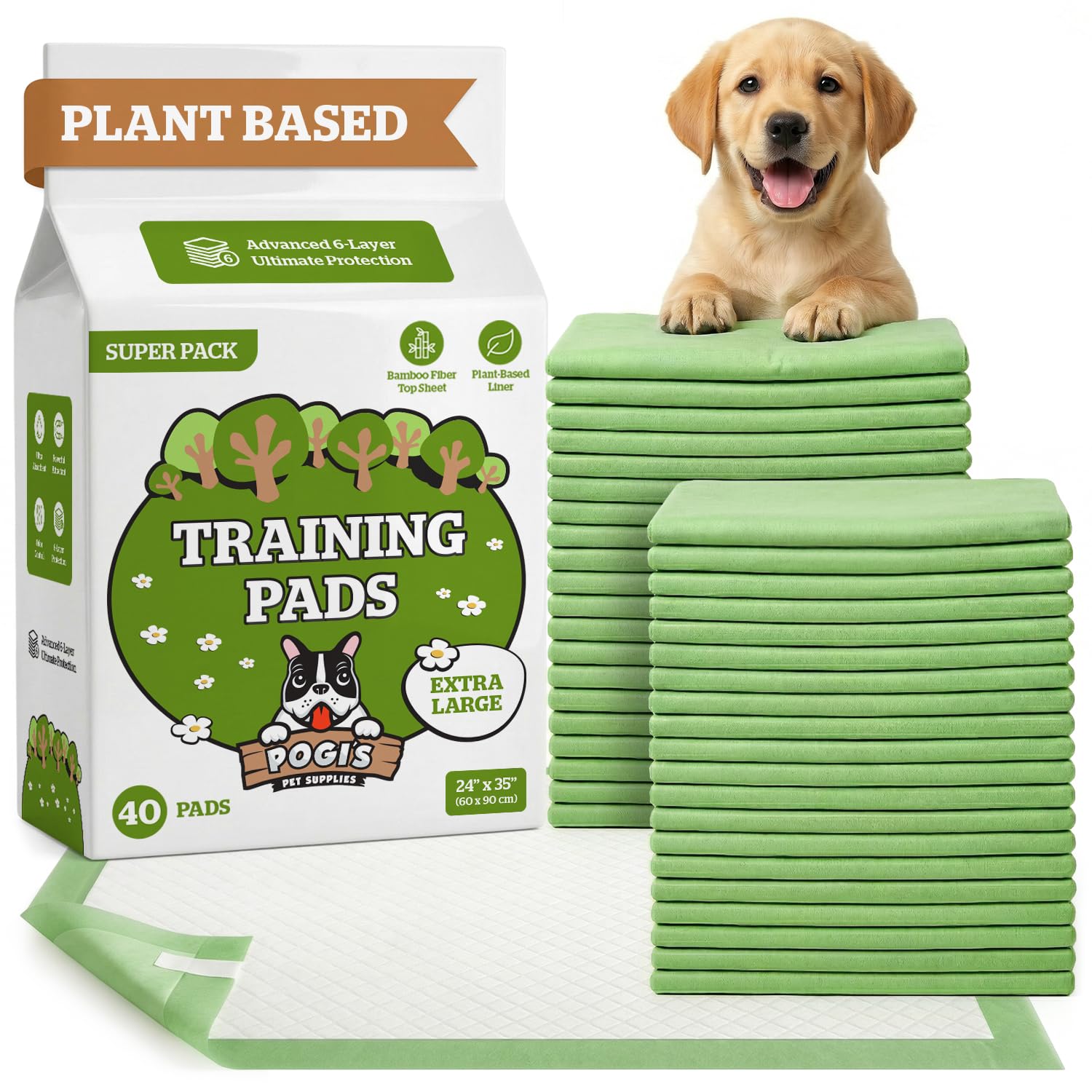 Pogi Trainingspads für Hunde – 60 × 90 cm, extra groß, umweltbewusst, für mittelgroße bis große Hunde – 40 Stück