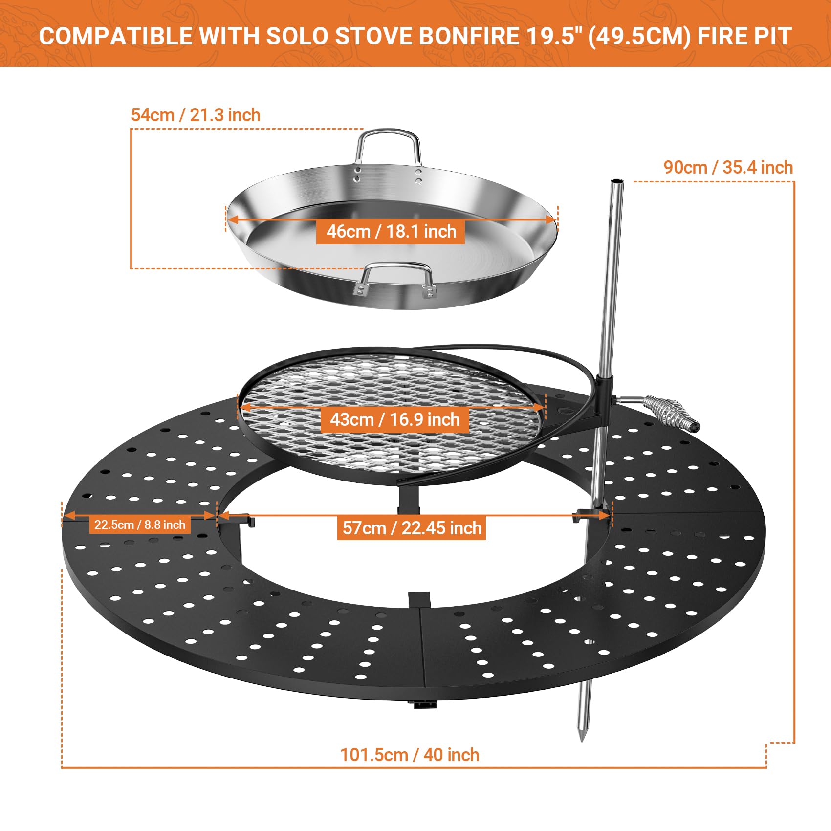 onlyfire Piano da Tavolo per Braciere 3 in 1 con Griglia da Φ43 cm, Asta per Barbecue e Padella per Solo Stove Braciere Bonfire di 49.5 cm, Tavolo da Esterno per Campeggio e Barbecue All'aperto