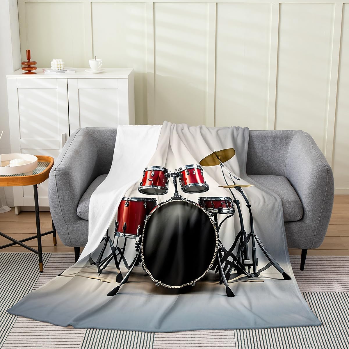 Feelyou Drum Kit Pattern Fleece Throw Blanket,Rock Music Themed All Season Bed Blanket Flannel Fuzzy Blanket for Bed Sofa Couch,Music Instruments Print Bedroom Decor Plush Blanket Queen 90"x90"