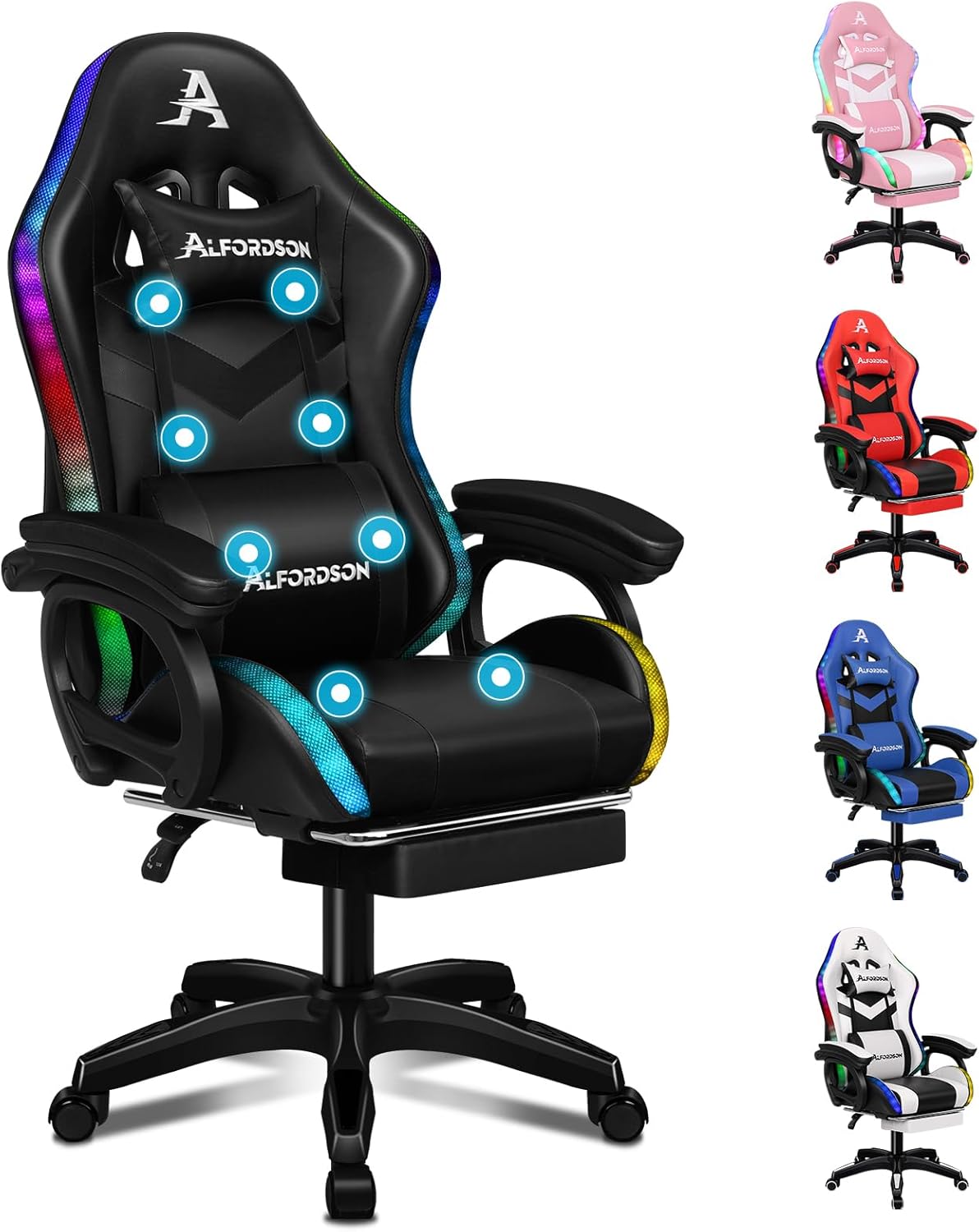 ALFORDSON Gaming Stuhl, Racing Gamer Stuhl mit LED RGB Beleuchtung, Massaging Computersessel mit Fuß… ALFORDSON Gaming Stuhl, Racing Gamer Stuhl mit LED RGB Beleuchtung, Massaging Computersessel mit Fuß…