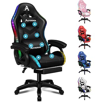 ALFORDSON RGB LED Gamer Chair Massage Gamer Chairs Racing PC Gaming Chair Office Chair Ergonomic Desk Chair Footrests 180 kg Load Capacity 90-150  Tilt Angle Black