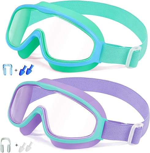 Miniatura 11 de Vvinca Gafas de natación para niños con correa de tela cómoda, visión amplia, antivaho, UV, sin fugas, para 3-14 años 03-azul y rosa,01-verde y