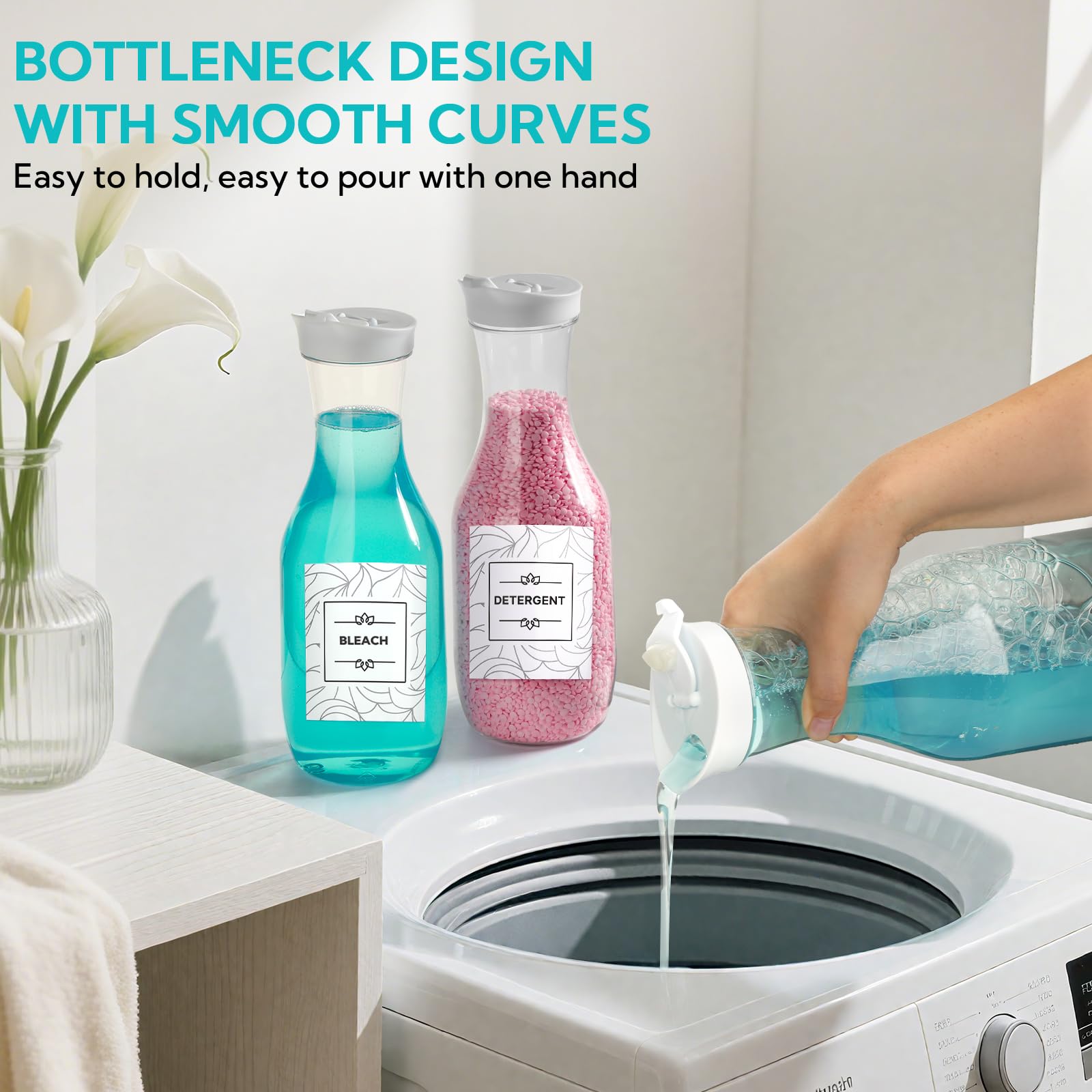 Confezione da 4 dispenser per detersivo per bucato, in plastica, da 1502,5 g, con 20 etichette per organizzare la lavanderia, per polvere liquida, candeggina, profumo, perline, sapone e ammorbidente