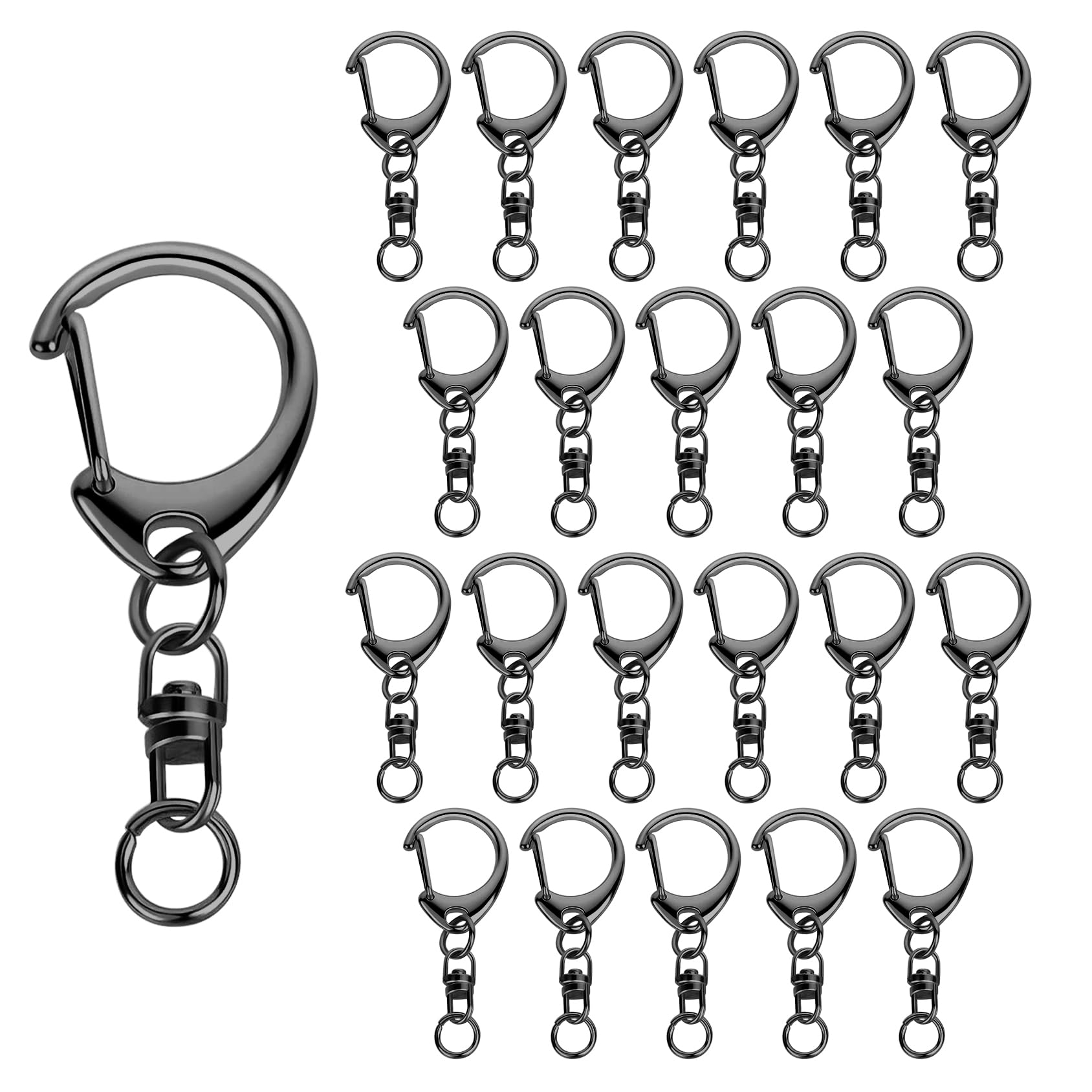 Xrkuu 50 Pcs Metallic Black Keyring Hooks, Metal D Ring Snap Hooks with 360° Swivel Clasps & Split Rings, Metal Lobster Claw Lanyard Clips for DIY Crafting, Jewellery Making & Bag Charms