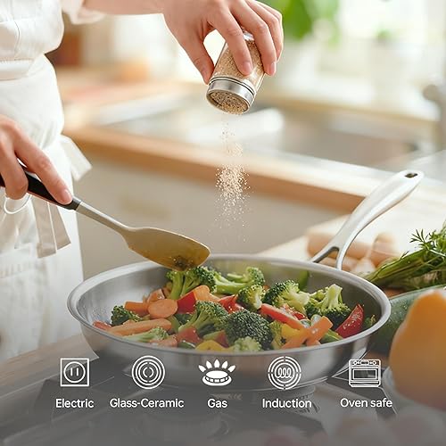 Miniatura 3 de Sartén de acero inoxidable de 9.5 pulgadas, sartén de acero inoxidable de 5 capas, apta para lavavajillas y horno, sartén de inducción, distribución