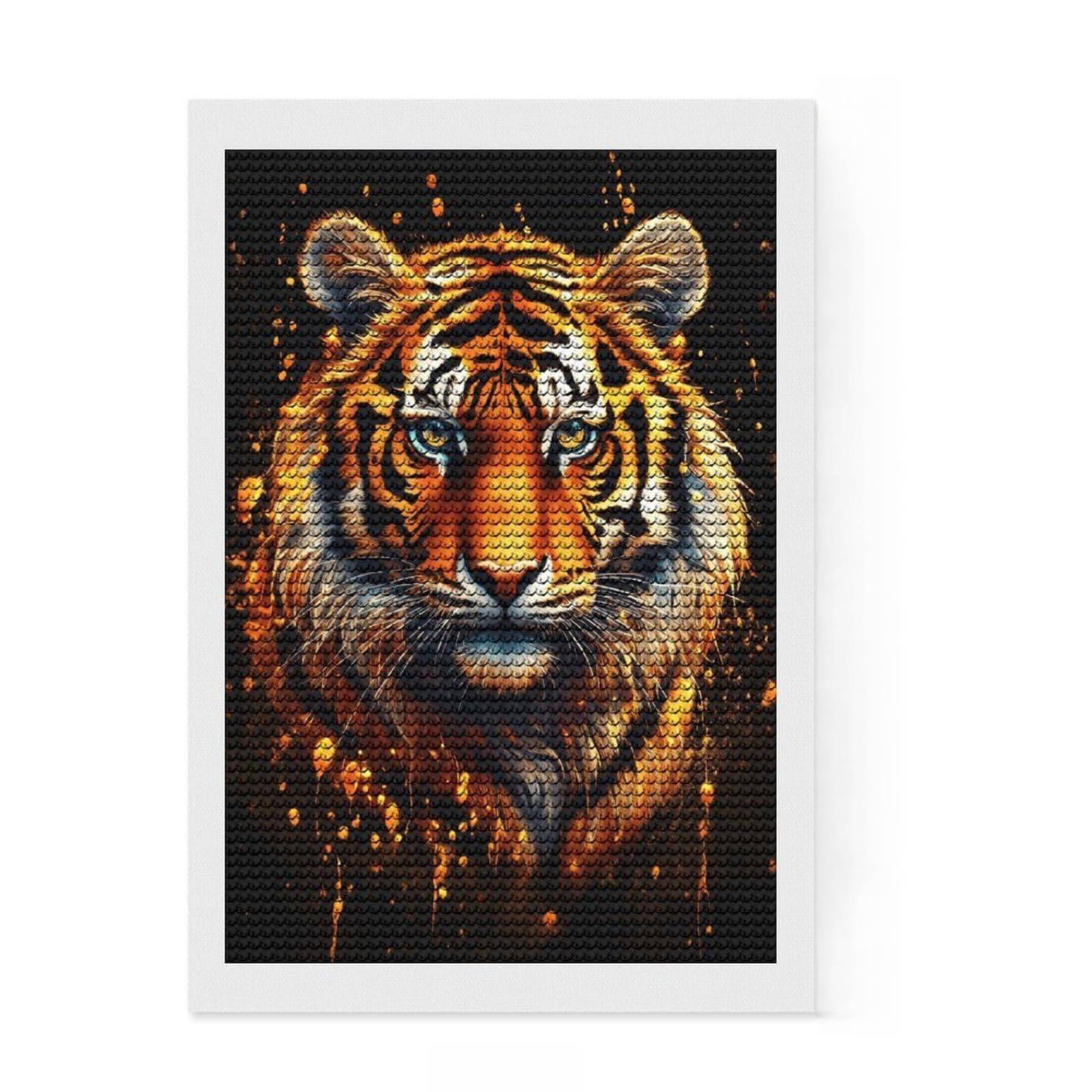 Junmoney Majestic Tiger Portrait with Golden Splatters DIY Diamond Art Canvas Kit 8"x12", for Teens, Pleasing Wall Art Project, Aesthetic Room Decor, Christmas Gift