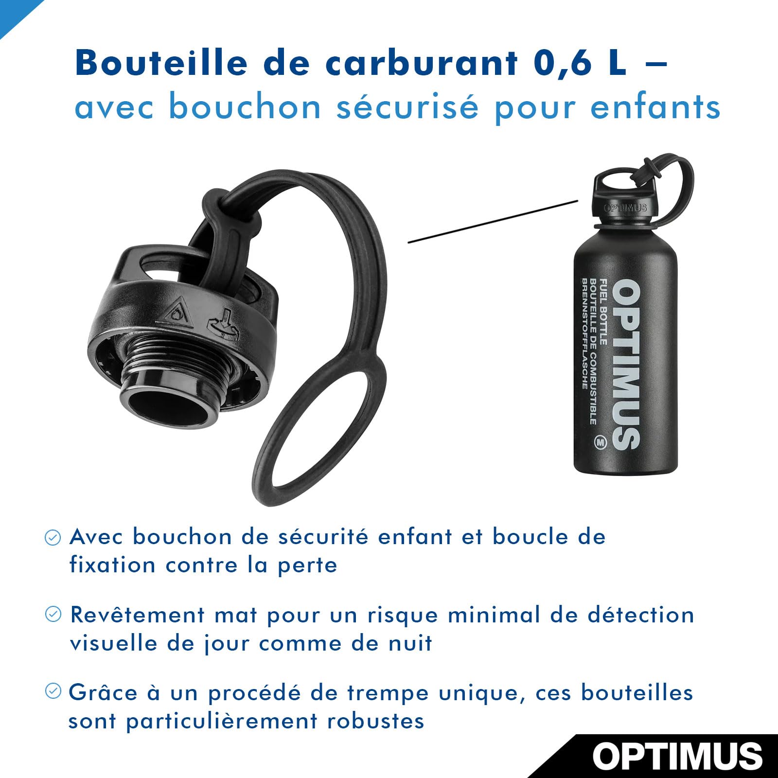 Optimus M 8021021 Bouteille de combustible uniquement sans combustible, avec couvercle de fermeture de sécurité enfant et boucle de sécurité, volume : 0,6 l, couleur : noir