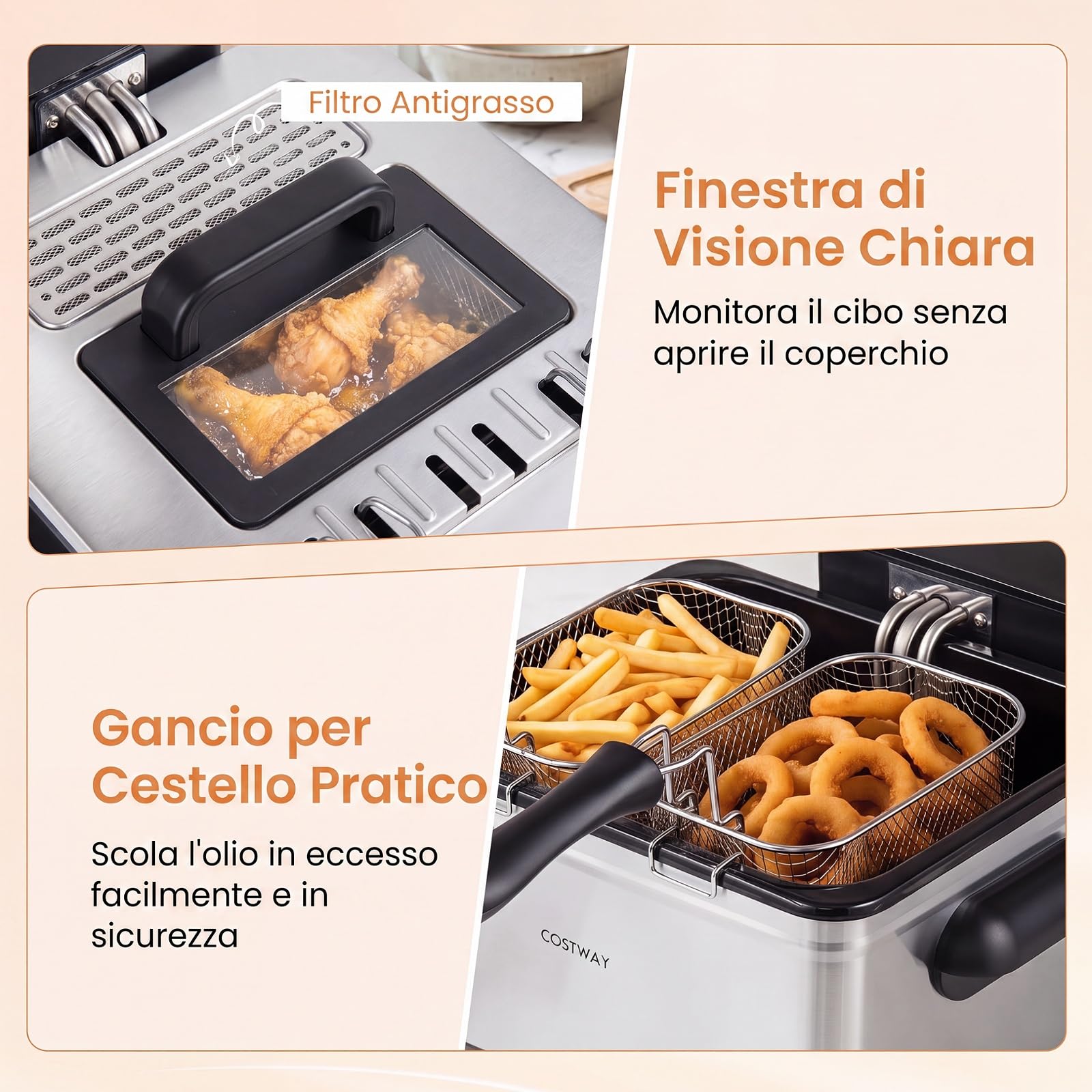 COSTWAY 1700 W Friggitrice ad Olio con Schermo LED e 3 Cestelli, 5L