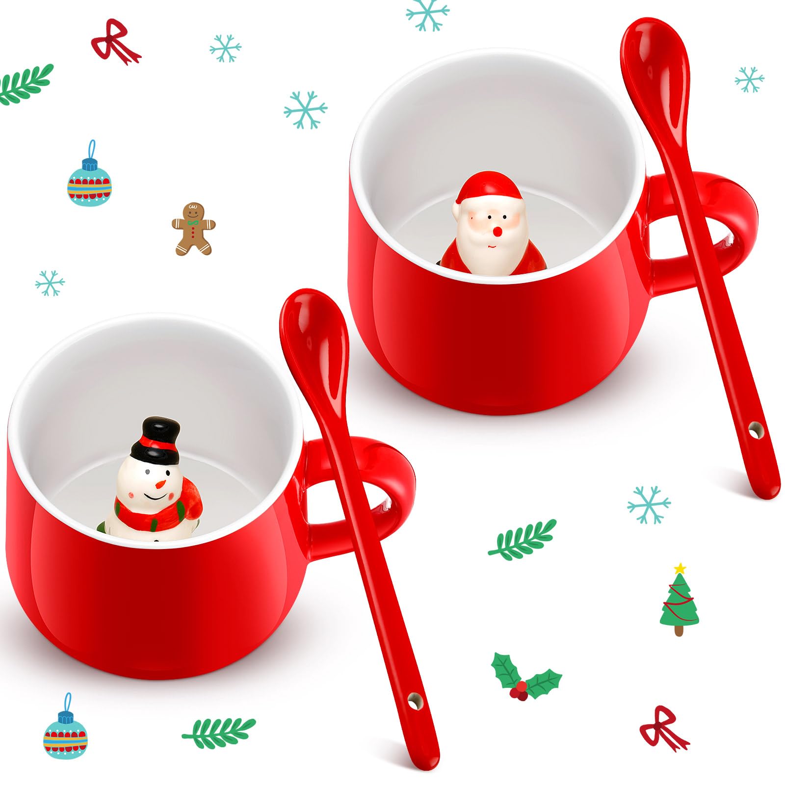Uiifan 2 juegos de tazas de café de Navidad 3D con cuchara de cerámica, 13.5 onzas en el interior, taza de cerámica de dibujos animados para mujeres y hombres, regalos de Navidad, suministros de