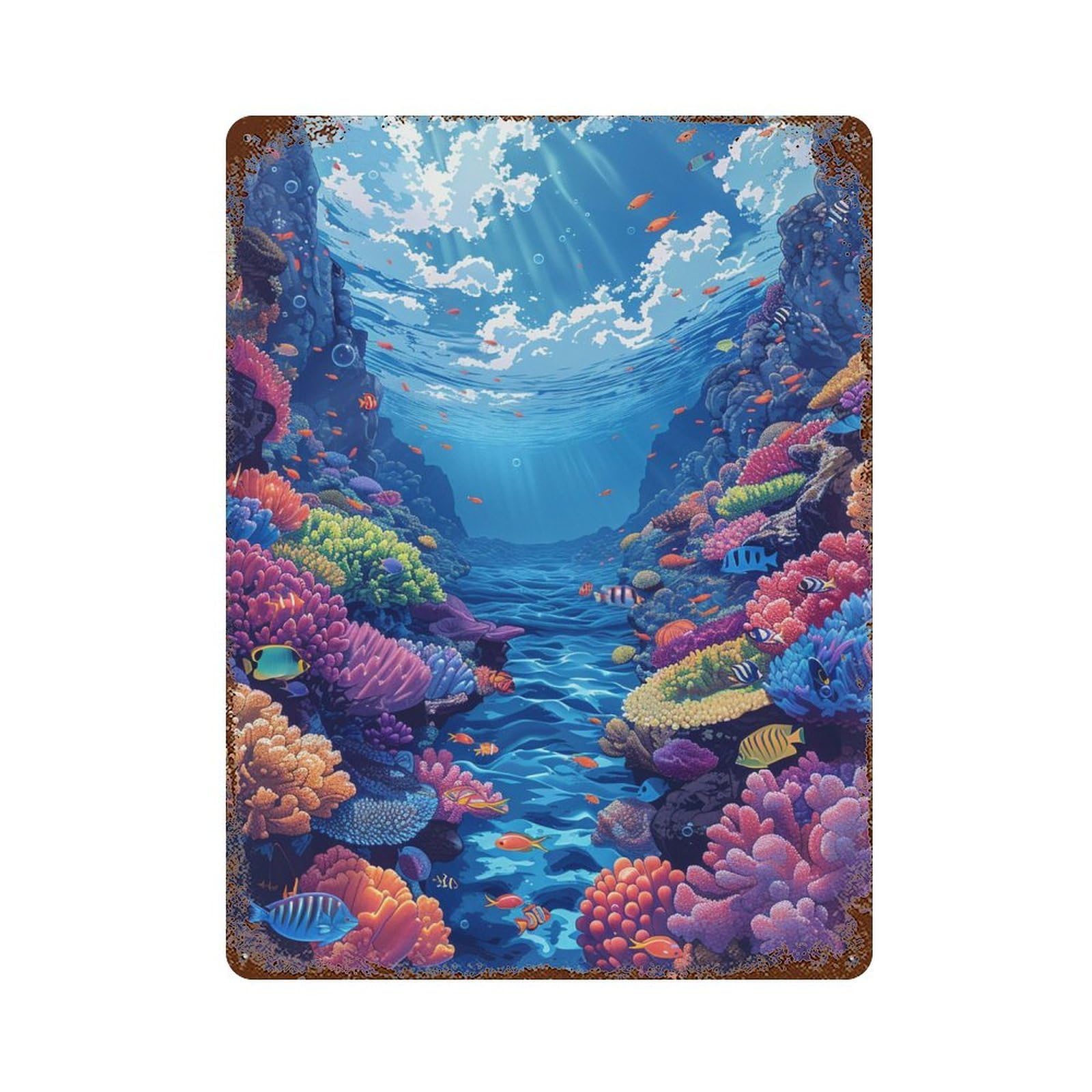 Underwater Paradise Coral Reef Rust Effect Tin Sign 15.7"x11.8", Industrial Home Decor for Basement, Hobby Room And Garage Decor
