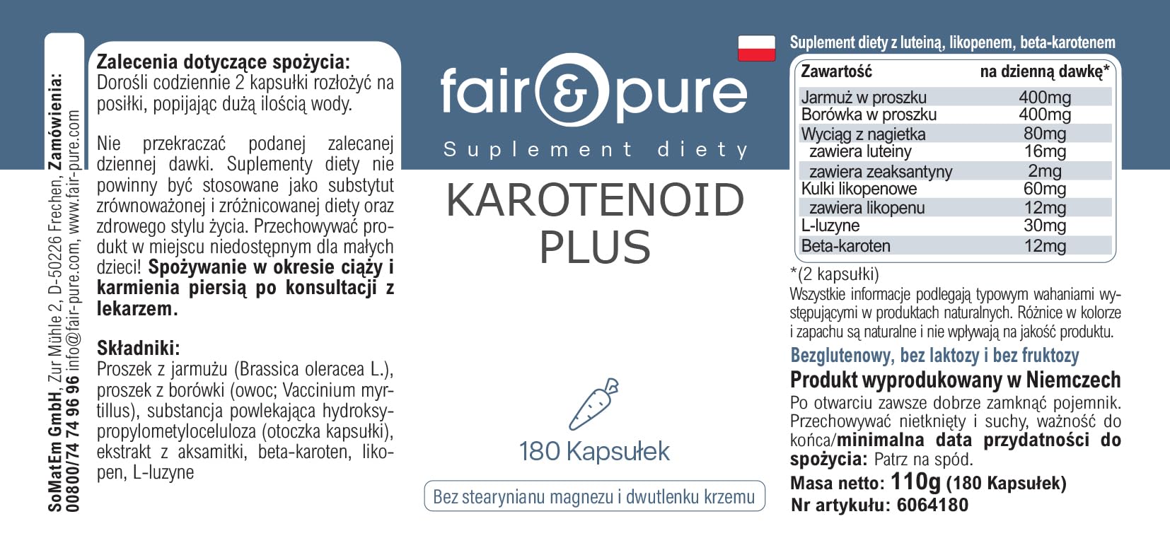 Fair & Pure® - Carotinoidi Plus - Complesso di carotenoidi - Con Beta-carotene, luteina, zeaxantina e licopene - Vegan - 180 Capsule