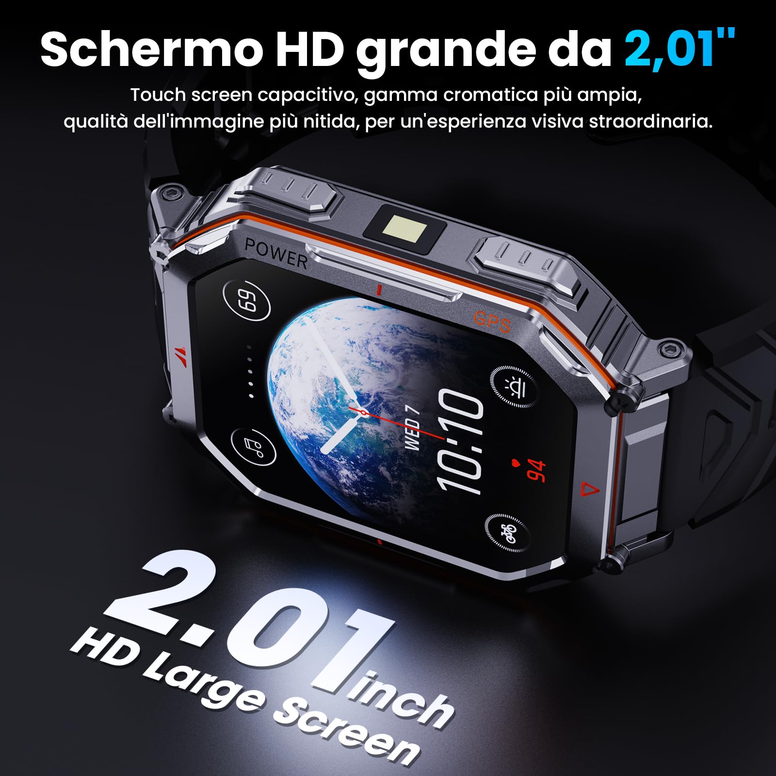 Orologio intelligente militare per uomini con GPS/bussola, assistente vocale GPT, display HD 2.01", chiamate Bluetooth, tracker fitness con modalità, compatibile con Android e iOS (Nero)