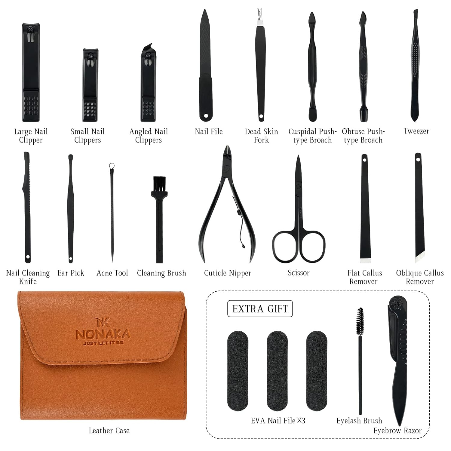 NONAKA Manicure Set Professional Pedicure Kit - 19 In 1 Nail Clipper Kit For Women & Mens Nail Grooming Kit - Black Portable Manicure Kit, Nail Kit For Women & Men's With Premium Brown Leather Case : Beauty & Personal Care